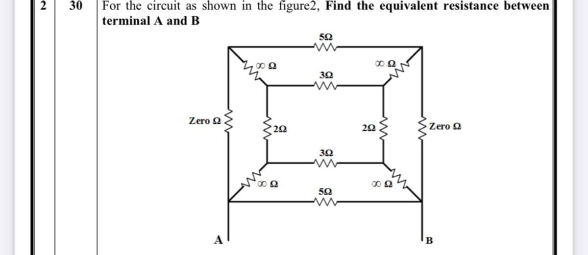 30
For the circuit as shown in the figure2, Find the equivalent resistance between
terminal A and B
Zero Q
Zero Q
30
5Ω
А
B
