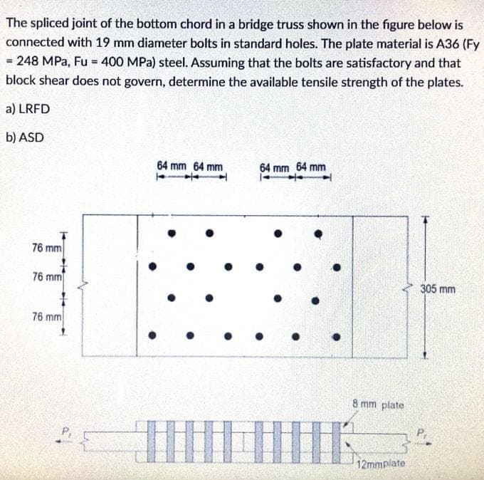 The spliced joint of the bottom chord in a bridge truss shown in the figure below is
connected with 19 mm diameter bolts in standard holes. The plate material is A36 (Fy
= 248 MPa, Fu = 400 MPa) steel. Assuming that the bolts are satisfactory and that
block shear does not govern, determine the available tensile strength of the plates.
a) LRFD
b) ASD
64 mm 64 mm
64 mm 64 mm
76 mm
76 mm
305 mm
76 mm
8 mm plate
12mmplate
