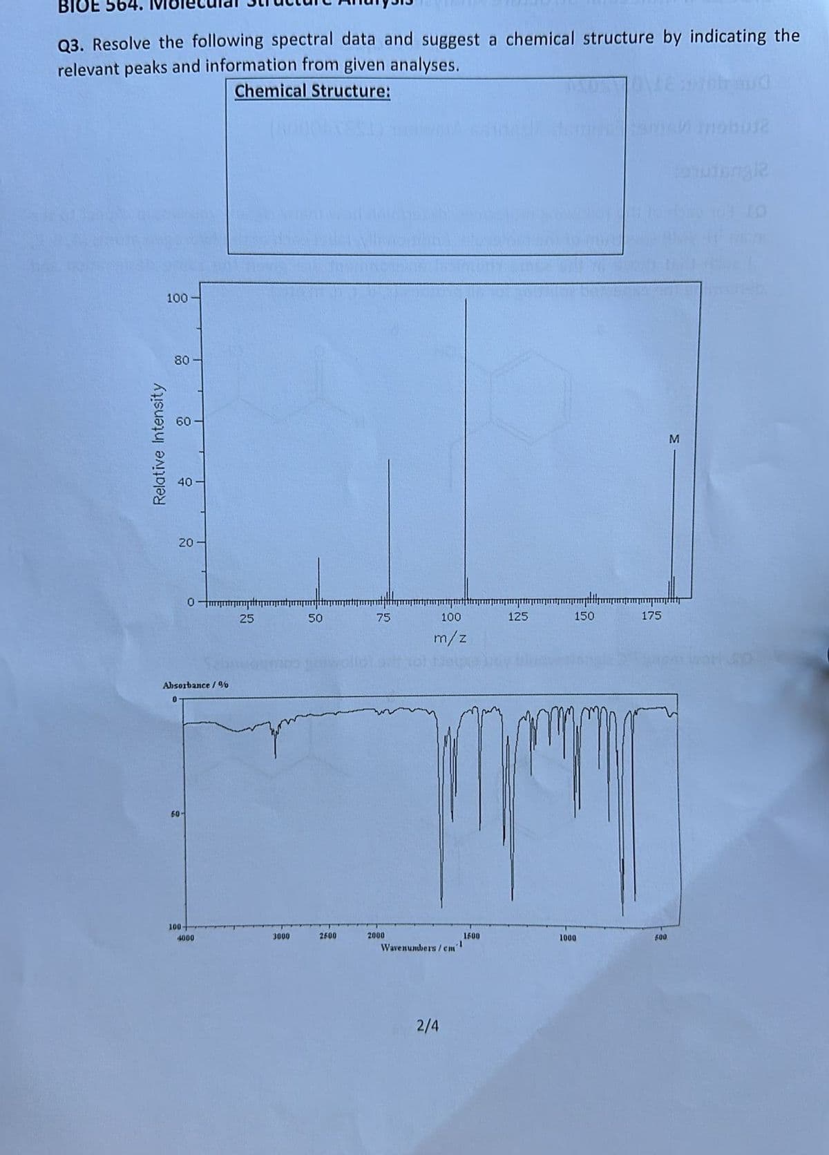 BIOE 564.
Q3. Resolve the following spectral data and suggest a chemical structure by indicating the
relevant peaks and information from given analyses.
Chemical Structure:
Relative Intensity
100-
80
40
20-
Absorbance/%
0
50-
25
50
75
100
125
m/z
100-
4000
3000
2500
2000
Wavenumbers/cm"
1
1500
2/4
150
་་
175
1000
500
M
bu12