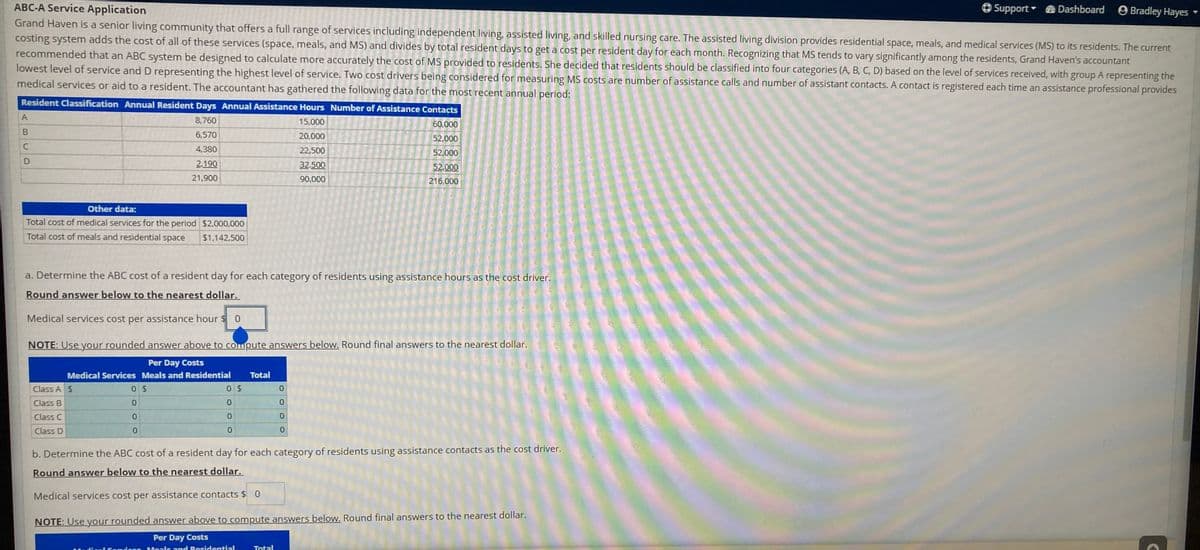 ABC-A Service Application
Grand Haven is a senior living community that offers a full range of services including independent living, assisted living, and skilled nursing care. The assisted living division provides residential space, meals, and medical services (MS) to its residents. The current
costing system adds the cost of all of these services (space, meals, and MS) and divides by total resident days to get a cost per resident day for each month. Recognizing that MS tends to vary significantly among the residents, Grand Haven's accountant
recommended that an ABC system be designed to calculate more accurately the cost of MS provided to residents. She decided that residents should be classified into four categories (A, B, C, D) based on the level of services received, with group A representing the
lowest level of service and D representing the highest level of service. Two cost drivers being considered for measuring MS costs are number of assistance calls and number of assistant contacts. A contact is registered each time an assistance professional provides
medical services or aid to a resident. The accountant has gathered the following data for the most recent annual period:
O Support Dashboard 9 Bradley Hayes
Resident Classification Annual Resident Days Annual Assistance Hours Number of Assistance Contacts
8,760
15,000
60,000
6,570
20,000
52,000
4,380
22,500
52,000
D.
2.190
32,500
52,000
21,900
90,000
216,000
Other data:
Total cost of medical services for the period $2,000,000
Total cost of meals and residential space
$1,142,500
a. Determine the ABC cost of a resident day for each category of residents using assistance hours as the cost driver.
Round answer below to the nearest dollar.
Medical services cost per assistance hour $ 0
NOTE: Use your rounded answer above to compute answers below. Round final answers to the nearest dollar.
Per Day Costs
Medical Services Meals and Residential
Total
Class A$
Class B
0.
0.
Class C
0.
0.
Class D
0.
0.
b. Determine the ABC cost of a resident day for each category of residents using assistance contacts as the cost driver.
Round answer below to the nearest dollar.
Medical services cost per assistance contacts $ 0
NOTE: Use your rounded answer above to compute answers below. Round final answers to the nearest dollar.
Per Day Costs
vicor Moals and Residential
Total
CO
