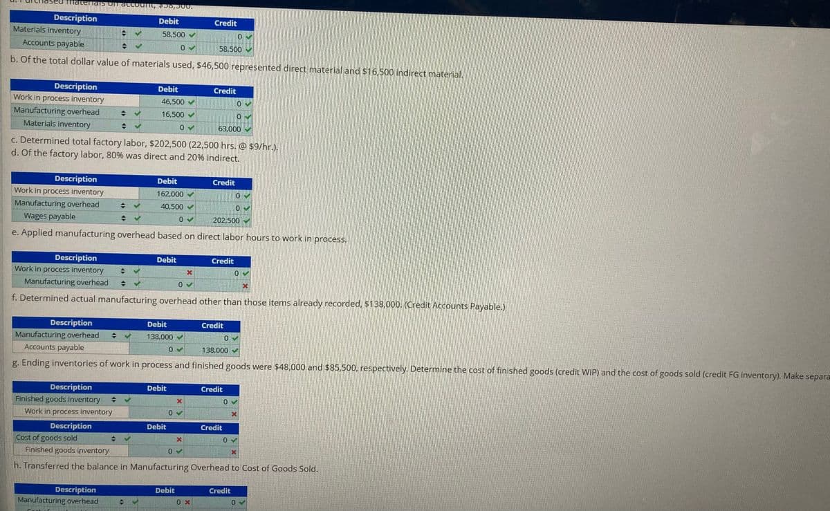 Description
Debit
Credit
Materials inventory
58,500
Accounts payable
58,500
b. Of the total dollar value of materials used, $46,500 represented direct material and $16,500 indirect material.
Description
Debit
Credit
Work in process inventory
46,500
Manufacturing overhead
16,500 v
Materials inventory
63,000
c. Determined total factory labor, $202,500 (22,500 hrs. @ $9/hr.).
d. Of the factory labor, 80% was direct and 20% indirect.
Description
Debit
Credit
Work in process inventory
162,000
Manufacturing overhead
40,500 v
Wages payable
202,500
e. Applied manufacturing overhead based on direct labor hours to work in process.
Description
Debit
Credit
Work in process inventory
Manufacturing overhead
f. Determined actual manufacturing overhead other than those items already recorded, $138,000. (Credit Accounts Payable.)
Description
Debit
Credit
Manufacturing overhead
138,000 v
Accounts payable
138,000
g. Ending inventories of work in process and finished goods were $48,000 and $85,500, respectively. Determine the cost of finished goods (credit WIP) and the cost of goods sold (credit FG inventory). Make separa
Description
Debit
Credit
Finished goods inventory
Work in process inventory
Description
Debit
Credit
Cost of goods sold
Finished goods inventory
h. Transferred the balance in Manufacturing Overhead to Cost of Goods Sold.
Description
Debit
Credit
Manufacturing overhead
