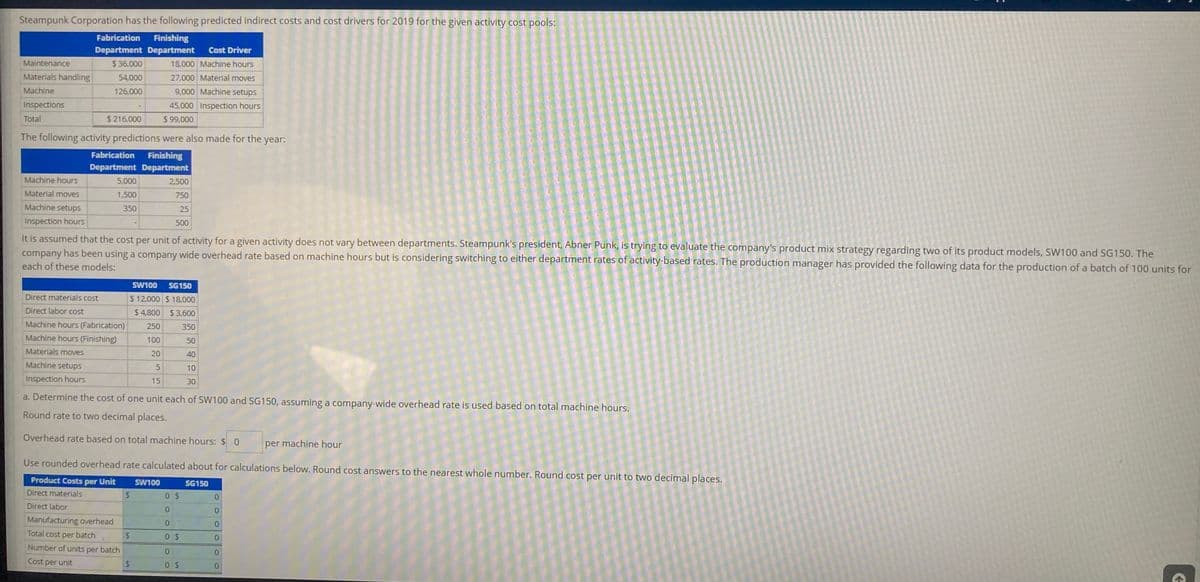 Steampunk Corporation has the following predicted indirect costs and cost drivers for 2019 for the given activity cost pools:
Fabrication Finishing
Department Department
Cost Driver
Maintenance
$ 36,000
18,000 Machine hours
Materials handling
54,000
27,000 Material moves
Machine
126,000
9,000 Machine setups
Inspections
45,000 Inspection hours
Total
$ 216,000
$ 99,000
The following activity predictions were also made for the year:
Fabrication Finishing
Department Department
Machine hours
5,000
2,500
Material moves
1,500
750
Machine setups
350
25
Inspection hours
500
It is assumed that the cost per unit of activity for a given activity does not vary between departments. Steampunk's president, Abner Punk, is trying to evaluate the company's product mix strategy regarding two of its product models, SW100 and SG150. The
company has been using a company wide overhead rate based on machine hours but is considering switching to either department rates of activity-based rates. The production manager has provided the following data for the production of a batch of 100 units for
each of these models:
SW100
SG150
Direct materials cost
$ 12,000 $ 18,000
Direct labor cost
$ 4,800 $3,600
Machine hours (Fabrication)
250
350
Machine hours (Finishing)
100
50
Materials moves
20
40
Machine setups
5
10
Inspection hours
15
30
a. Determine the cost of one unit each of SW100 and SG150, assuming a company-wide overhead rate is used based on total machine hours.
Round rate to two decimal places.
Overhead rate based on total machine hours: $ 0
per machine hour
Use rounded overhead rate calculated about for calculations below. Round cost answers to the nearest whole number. Round cost per unit to two decimal places.
Product Costs
per
Unit
SW100
SG150
Direct materials
24
0.
Direct labor
0.
0.
Manufacturing overhead
0.
0.
Total cost per batch
0.
Number of units per batch
0.
0.
Cost
per unit
%24
