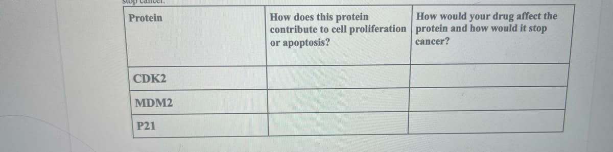 How does this protein
contribute to cell proliferation protein and how would it stop
or apoptosis?
Protein
How would your drug affect the
cancer?
CDK2
MDM2
P21
