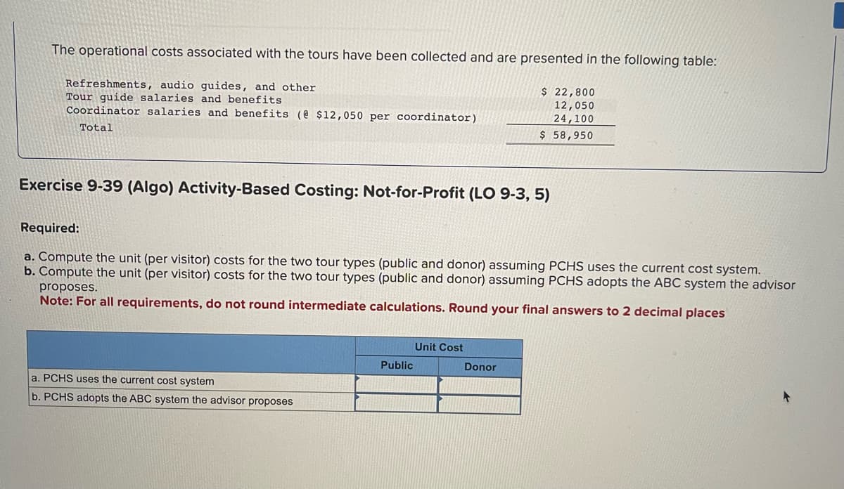 The operational costs associated with the tours have been collected and are presented in the following table:
Refreshments, audio guides, and other
Tour guide salaries and benefits
Coordinator salaries and benefits (@ $12,050 per coordinator)
Total
Exercise 9-39 (Algo) Activity-Based Costing: Not-for-Profit (LO 9-3, 5)
Required:
a. Compute the unit (per visitor) costs for the two tour types (public and donor) assuming PCHS uses the current cost system.
b. Compute the unit (per visitor) costs for the two tour types (public and donor) assuming PCHS adopts the ABC system the advisor
proposes.
Note: For all requirements, do not round intermediate calculations. Round your final answers to 2 decimal places
a. PCHS uses the current cost system
b. PCHS adopts the ABC system the advisor proposes
Public
$ 22,800
12,050
24,100
$ 58,950
Unit Cost
Donor