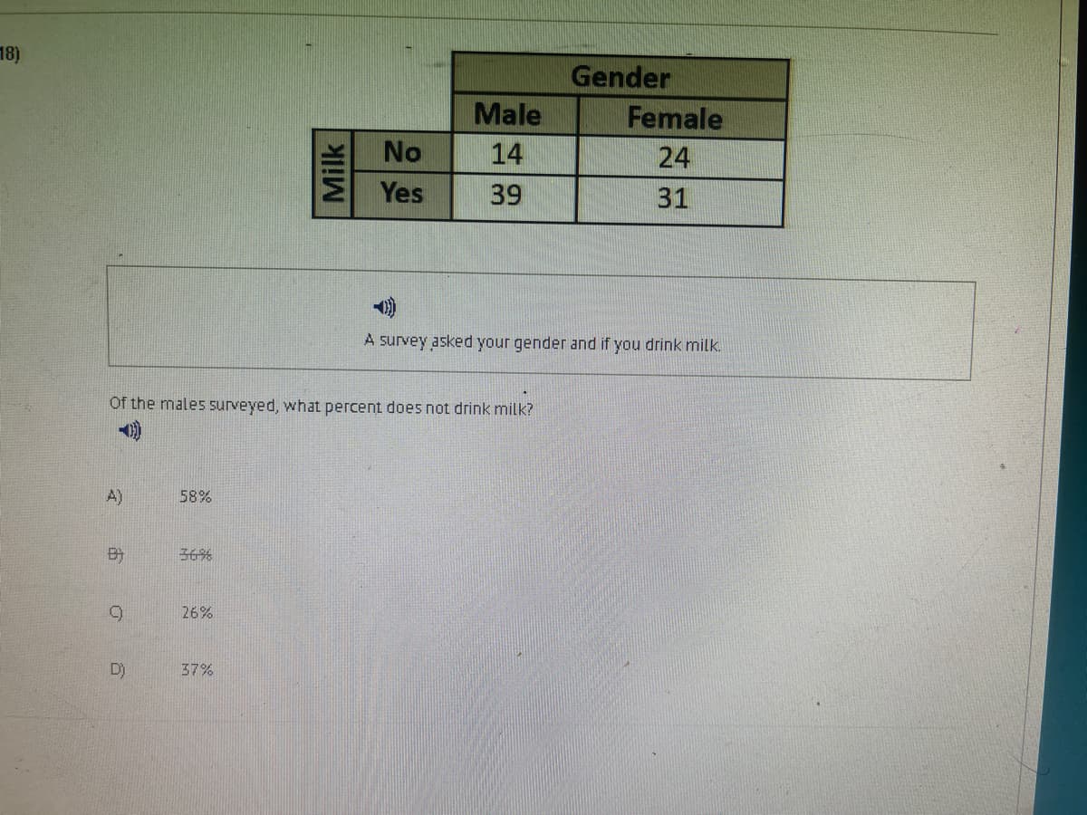 18)
Gender
Male
Female
No
14
24
Yes
39
31
A survey asked your gender and if you drink milk.
Of the males surveyed, what percent does not drink milk?
A)
58%
中
36%
26%
D)
37%
Milk
