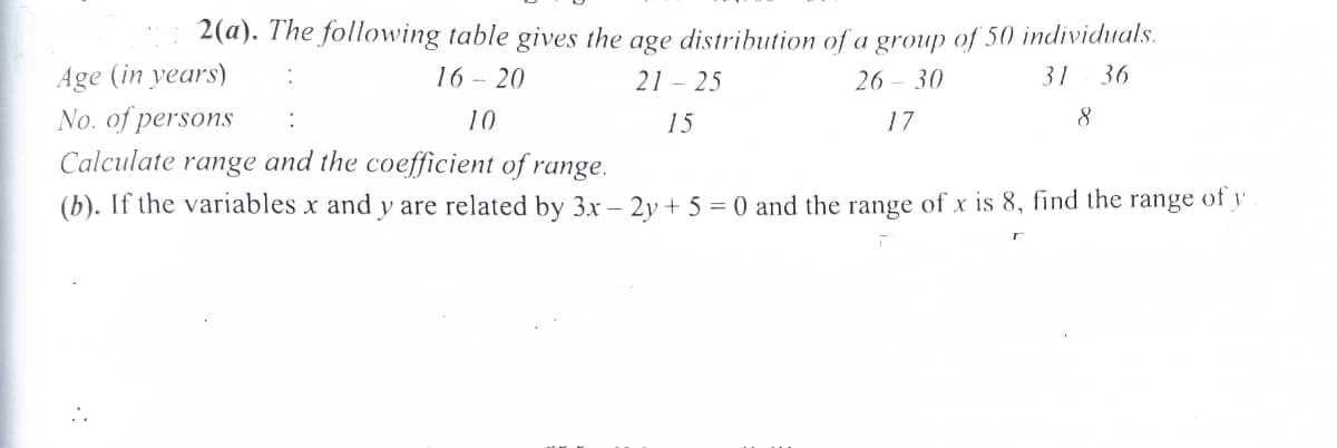 2(a). The following table gives the age distribution of a group of 50 individuals.
Age (in years)
No. of persons
Calculate range and the coefficient of range.
(b). If the variables x and y are related by 3x – 2y + 5 = 0 and the range of x is 8, find the range of y
16 - 20
21 – 25
26 - 30
31
36
:
10
15
17
8
