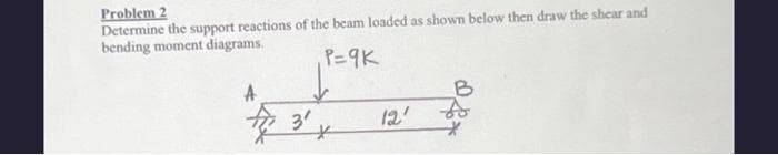 Problem 2
Determine the support reactions of the beam loaded as shown below then draw the shear and
bending moment diagrams.
P=9K
31
*
12'