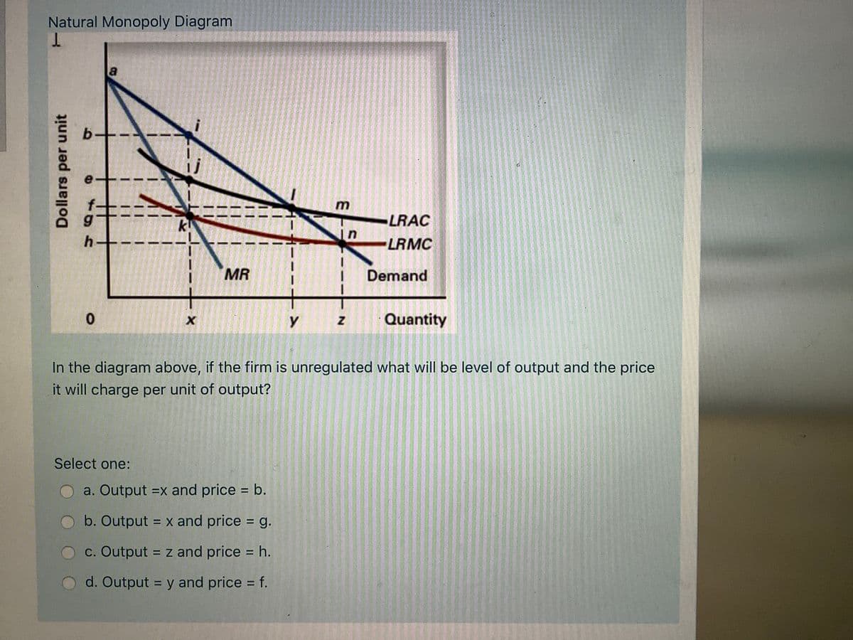 Natural Monopoly Diagram
e
k!
LRAC
h.
LRMC
MR
Demand
0.
Quantity
In the diagram above, if the firm is unregulated what will be level of output and the price
it will charge per unit of output?
Select one:
a. Output =x and price = b.
b. Output = x and price = g.
%3D
c. Output = z and price = h.
%3D
d. Output = y and price = f.
%3D
Dollars per unit
