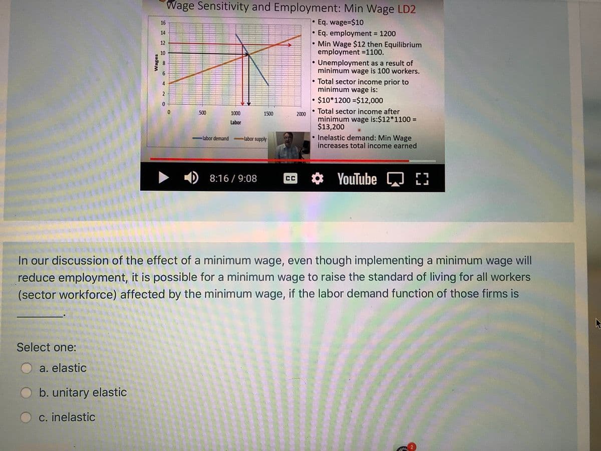 Wage Sensitivity and Employment: Min Wage LD2
• Eq. wage-D$10
Eq. employment = 1200
• Min Wage $12 then Equilibrium
employment =1100.
• Unemployment as a result of
minimum wage is 100 workers.
Total sector income prior to
minimum wage is:
16
14
%3D
12
10
4
$10*1200 =$12,000
• Total sector income after
minimum wage is:$12*1100 =
$13,200
• Inelastic demand: Min Wage
increases total income earned
500
1000
1500
2000
Labor
labor demand
labor supply
D 8:16 / 9:08
* YouTube D
CC
In our discussion of the effect of a minimum wage, even though implementing a minimum wage will
reduce employment, it is possible for a minimum wage to raise the standard of living for all workers
(sector workforce) affected by the minimum wage, if the labor demand function of those firms is
Select one:
a. elastic
b. unitary elastic
O c. inelastic
Wages
