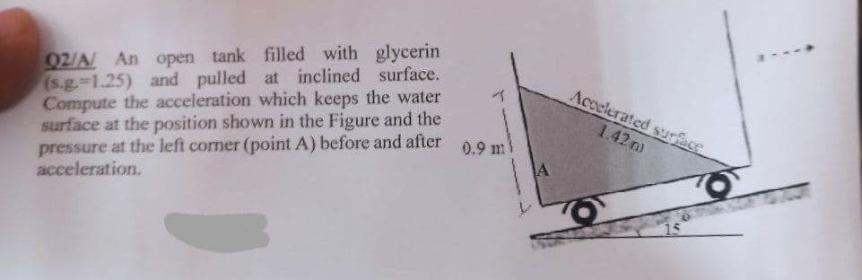 02/A/ An open tank filled with glycerin
(s.g.-1.25) and pulled at inclined surface.
Compute the acceleration which keeps the water
surface at the position shown in the Figure and the
pressure at the left corner (point A) before and after
acceleration.
0.9 mi
A
Accelerated surface
1.42 m