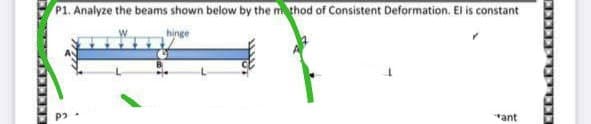 P1. Analyze the beams shown below by the method of Consistent Deformation. El is constant
W
hinge
P₂
ant