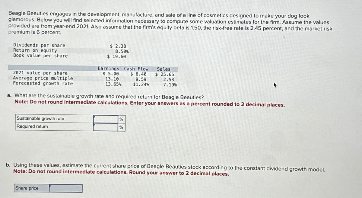 Beagle Beauties engages in the development, manufacture, and sale of a line of cosmetics designed to make your dog look
glamorous. Below you will find selected information necessary to compute some valuation estimates for the firm. Assume the values
provided are from year-end 2021. Also assume that the firm's equity beta is 1.50, the risk-free rate is 2.45 percent, and the market risk
premium is 6 percent.
Dividends per share
Return on equity
Book value per share
2021 value per share
Average price multiple
Forecasted growth rate
Sustainable growth rate
Required return
$ 2.38
8.50%
$19.60
Earnings
$ 5.00
13.10
13.65%
Share price
Cash Flow
$6.40
9.59
11.24%
a. What are the sustainable growth rate and required return for Beagle Beauties?
Note: Do not round intermediate calculations. Enter your answers as a percent rounded to 2 decimal places.
%
%
Sales.
$ 25.65
2.53
7.19%
b. Using these values, estimate the current share price of Beagle Beauties stock according to the constant dividend growth model.
Note: Do not round intermediate calculations. Round your answer to 2 decimal places.