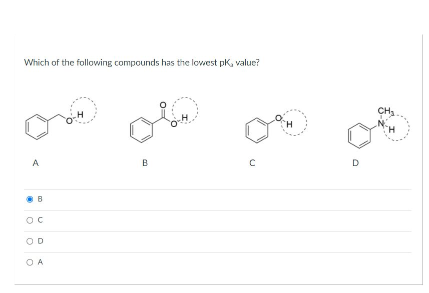 Which of the following compounds has the lowest pKg value?
CH3.
N
A
C
D
B
O D
O A
B.
