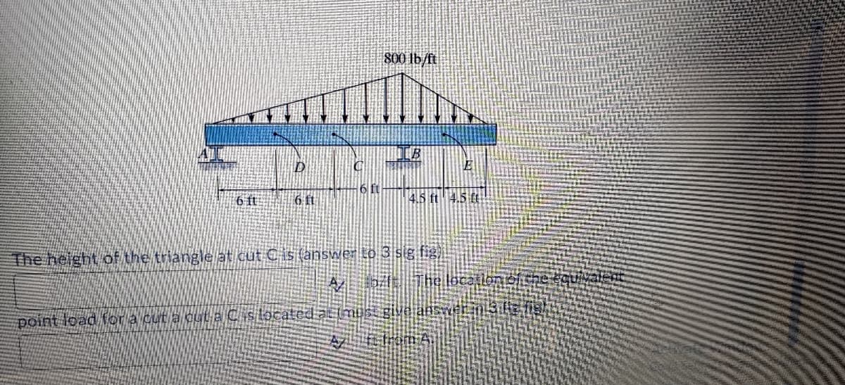 800 lb/ft
6 ft
6 t
6 t
4.5 ft 4.5 ft
The height of the triangle at cut Cis (answer to 3 sig fig)
point load for a cut a cuta C stocated
