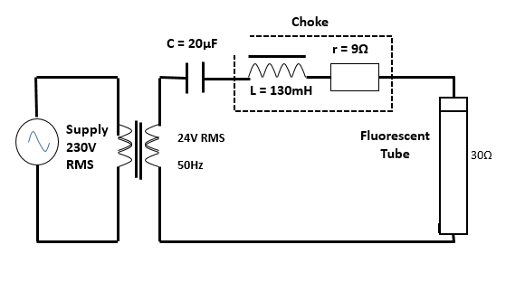 Supply
230V
RMS
C = 20μF
24V RMS
50Hz
Choke
mm
L = 130mH
r = 90
Fluorescent
Tube
300