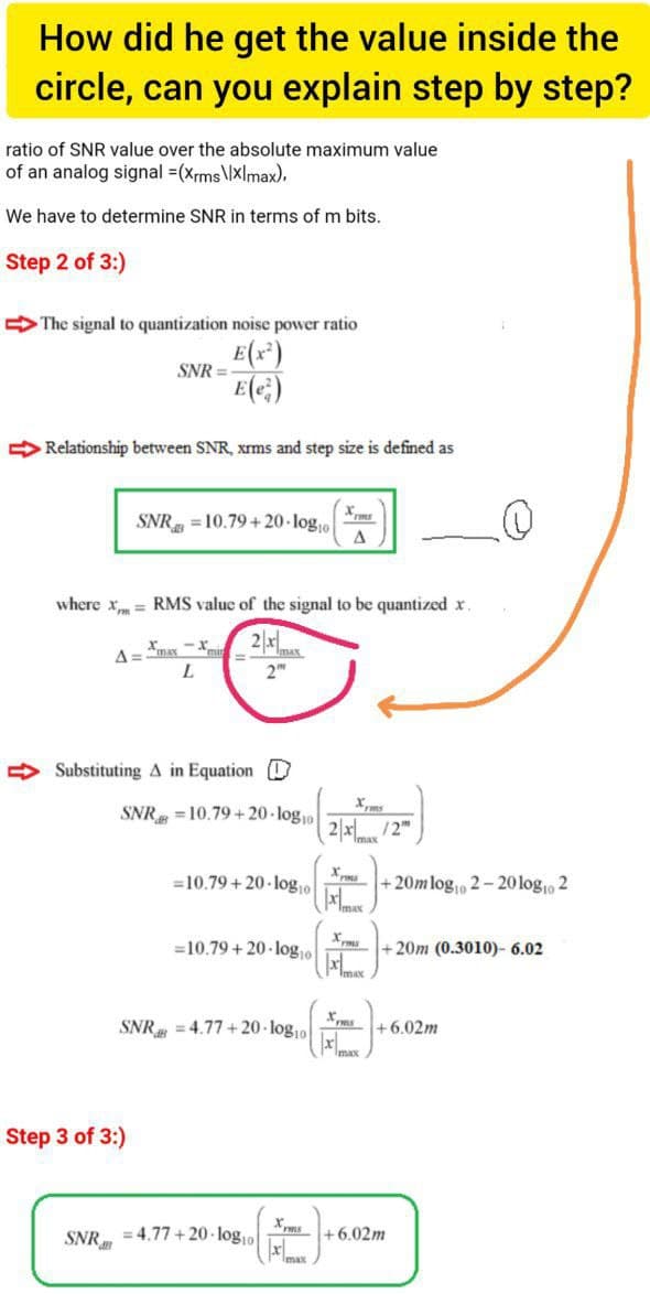 How did he get the value inside the
circle, can you explain step by step?
ratio of SNR value over the absolute maximum value
of an analog signal =(xrms\XImax),
We have to determine SNR in terms of m bits.
Step 2 of 3:)
>The signal to quantization noise power ratio
E(r*)
E(c;)
SNR =
> Relationship between SNR, xrms and step size is defined as
SNR = 10.79 + 20 - logo
A
where x = RMS value of the signal to be quantized x.
21
-Xmi
Imax
A=max
> Substituting A in Equation D
Xms
SNR =10.79 + 20 - log0
2|x /2"
Imax
=10.79 + 20- log,0
ms+ 20m log, 2- 20 log1o 2
=10.79 + 20 - log10 d
20m (0.3010)- 6.02
SNR = 4.77 +20- logp
+6.02m
Imax
Step 3 of 3:)
SNR. = 4.77 + 20- log,
+6.02m
