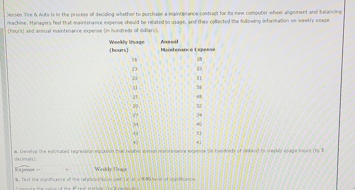 Jensen Tire & Auto is in the process of deciding whether to purchase a maintenance contract for its new computer wheel alignment and balancing
machine. Managers feel that maintenance expense should be related to usage, and they collected the following information on weekly usage
(hours) and annual maintenance expense (in hundreds of dollars).
Weekly Usage
Annual
(hours)
Maintenance Expense
16
18
13
23
23
31
31
38
35
48
20
32
27
34
34
40
43
53
41
41
a. Develop the estimated regression eguation that relates annual maintenance expense (in hundreds of dollars) to weekly usage hours (to 3
decimals).
Expense
Weekly Usage
b. Test the significance of the relationship in part (a) at a 0.05 level of significance.
Compute the value of the F test statistic to 2 decinals).
