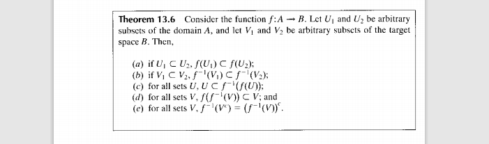 Theorem 13.6 Consider the function f:A – B. Let Uj and Uz be arbitrary
subsets of the domain A, and let Vị and V2 be arbitrary subsets of the target
space B. Then,
(a) if U, C Uz, f(U)C {(U);
(b) if V, C V3, ƒ¯'(V,) C f-'(V:);
(c) for all sets U, UC F({(U);
(d) for all sets V, f(s-'(V) C V; and
(e) for all sets V. f-'(V') = (f-"'(V)".
