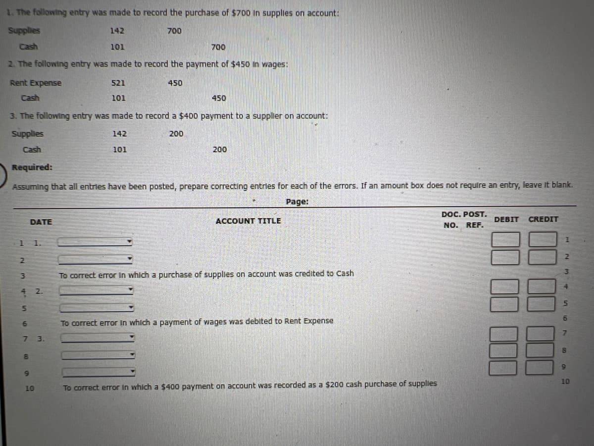 1. The following entry was made to record the purchase of $700 in supplies on account:
142
Supplies
Cash
101
2. The following entry was made to record the payment of $450 in wages:
Rent Expense
Cash
3. The following entry was made to record a $400 payment to a supplier on account:
Supplies
142
200
Cash
101
1
2
3
4 2
5
DATE
6
7 3.
8
Required:
Assuming that all entries have been posted, prepare correcting entries for each of the errors. If an amount box does not require an entry, leave it blank.
Page:
9
521
101
10
700
450
700
450
200
ACCOUNT TITLE
To correct error in which a purchase of supplies on account was credited to Cash
To correct error in which a payment of wages was debited to Rent Expense
To correct error in which a $400 payment on account was recorded as a $200 cash purchase of supplies
DOC. POST.
NO. REF.
DEBIT
CREDIT
1
IN M+S
6
7
8
9
10