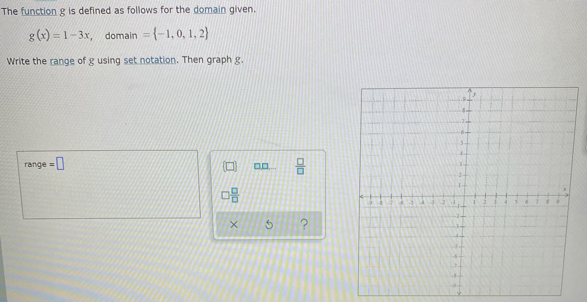 The functiong is defined as follows for the domain given.
g(x) = 1– 3x, domain = {-1, 0, 1, 2}
Write the range of g using set notation. Then graph g.
range =|
1-
-6 -5
