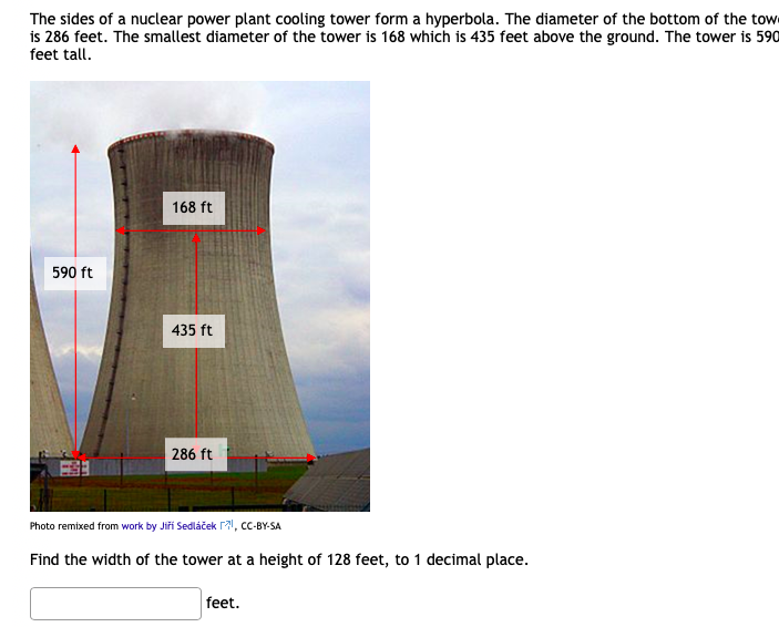 The sides of a nuclear power plant cooling tower form a hyperbola. The diameter of the bottom of the towe
is 286 feet. The smallest diameter of the tower is 168 which is 435 feet above the ground. The tower is 590
feet tall.
168 ft
590 ft
435 ft
286 ft
Photo remixed from work by Jiří Sedláček r?!, cC-BY-SA
Find the width of the tower at a height of 128 feet, to 1 decimal place.
feet.
