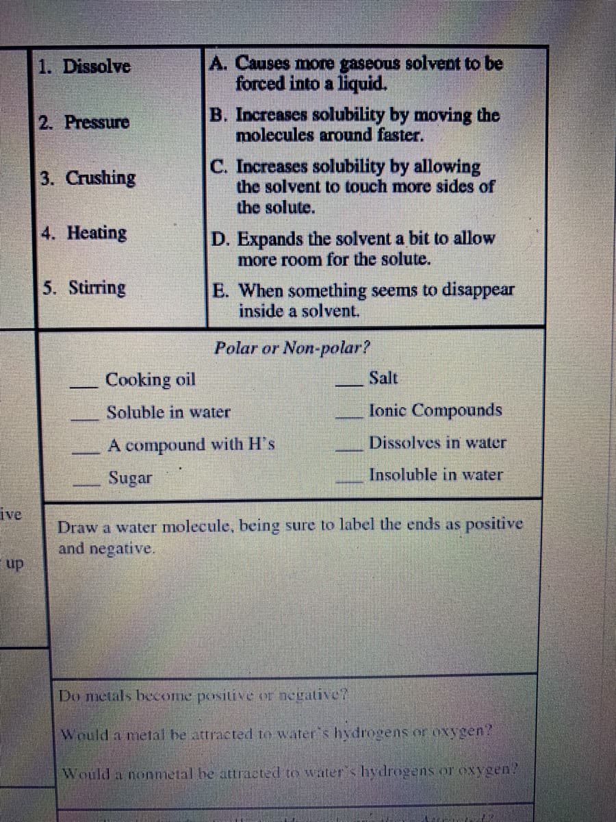 A. Causes more gaseous solvent to be
forced into a liquid.
1. Dissolve
B. Increases solubility by moving the
molecules around faster.
2. Pressure
C. Increases solubility by allowing
the solvent to touch more sides of
the solute.
3. Crushing
4. Heating
D. Expands the solvent a bit to allow
more room for the solute.
5. Stirring
E. When something seems to disappear
inside a solvent.
Polar or Non-polar?
Cooking oil
Salt
Soluble in water
Ionic Compounds
A compound with H's
Dissolves in water
Sugar
Insoluble in water
ive
Draw a water molecule, being sure to label the ends as positive
and negative.
up
Do metals beome positive er negalive?
Would a meal be attracted to water's hydrogens or oxygen?
Would a nonmetal be attracted to water's hydrogens or oxygen?
