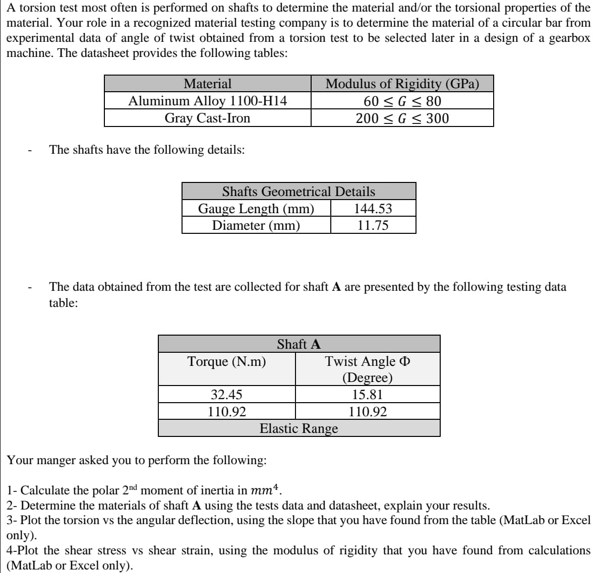 A torsion test most often is performed on shafts to determine the material and/or the torsional properties of the
material. Your role in a recognized material testing company is to determine the material of a circular bar from
experimental data of angle of twist obtained from a torsion test to be selected later in a design of a gearbox
machine. The datasheet provides the following tables:
Modulus of Rigidity (GPa)
60 < G < 80
200 < G < 300
Material
Aluminum Alloy 1100-H14
Gray Cast-Iron
The shafts have the following details:
Shafts Geometrical Details
Gauge Length (mm)
Diameter (mm)
144.53
11.75
The data obtained from the test are collected for shaft A are presented by the following testing data
table:
Shaft A
Twist Angle D
(Degree)
Torque (N.m)
32.45
15.81
110.92
110.92
Elastic Range
Your manger asked you to perform the following:
1- Calculate the polar 2nd moment of inertia in mm4.
2- Determine the materials of shaft A using the tests data and datasheet, explain your results.
3- Plot the torsion vs the angular deflection, using the slope that you have found from the table (MatLab or Excel
only).
4-Plot the shear stress vs shear strain, using the modulus of rigidity that you have found from calculations
(MatLab or Excel only).
