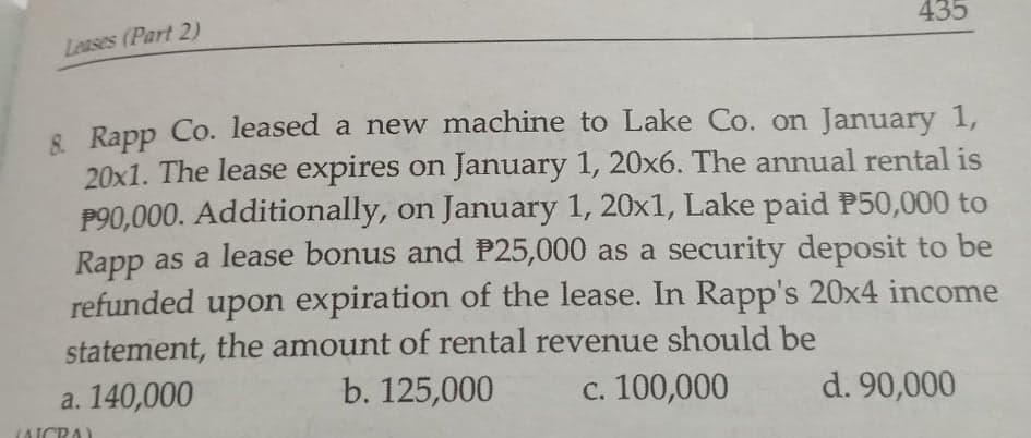 435
Leases (Part 2)
8 Rapp Co. leased a new machine to Lake Co. on January 1,
20x1. The lease expires on January 1, 20x6. The annual rental is
P90,000. Additionally, on January 1, 20x1, Lake paid P50,000 to
Rapp as a lease bonus and P25,000 as a security deposit to be
refunded upon expiration of the lease. In Rapp's 20x4 income
statement, the amount of rental revenue should be
a. 140,000
b. 125,000
c. 100,000
d. 90,000
ICRA)
