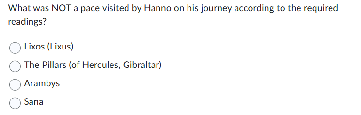 What was NOT a pace visited by Hanno on his journey according to the required
readings?
Lixos (Lixus)
The Pillars (of Hercules, Gibraltar)
Arambys
Sana