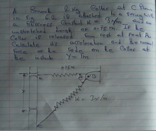 Smenk
2. Kg Coller, at c Shmn
Celler, at C Shoun
to e
Fig 6.2 is Eltached
Si ffners
8Pring
If he
with
en d en
Cen Stant K =
ef o-75m.
frem rest et Peint A.
End the homal
fede en he Coller at
un 8tre tehed
Coller
Lengt
released
is
Celeulate
Ferce
it's
accelera tion
of the
Hhe
in stent
0-75M
A
www
%3D
