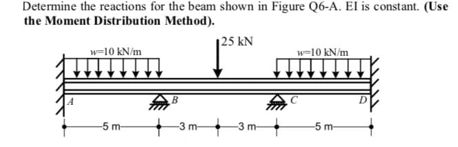 Determine the reactions for the beam shown in Figure Q6-A. EI is constant. (Use
the Moment Distribution Method).
|25 kN
w=10 kN/m
w=10 kN/m
-5 m-
-3 m-
-3 m-
-5 m-
