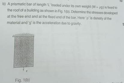 b) A prismatic bar of length 'L' loaded under its own weight (W = pg) is fixed to
the roof of a building as shown in Fig. 1(b). Determine the stresses developed
at the free end and at the fixed end of the bar. Here 'p' is density of the
material and 'g' is the acceleration due to gravity.
Fig. 1(b)
10