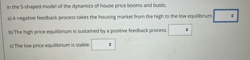 In the S-shaped model of the dynamics of house price booms and busts,
a) A negative feedback process takes the housing market from the high to the low equilibrium.
b) The high price equilibrium is sustained by a positive feedback process.
c) The low price equilibrium is stable.
+
4)