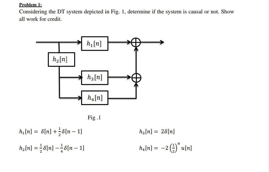 Problem 1:
Considering the DT system depicted in Fig. 1, determine if the system is causal or not. Show
all work for credit.
h, [n]
h2[n]
h3[n]
h4[n]
Fig .1
haln] = 6[n] + -이n- 1]
hz[n] = 28[n]
n
haln] =이끼-3이n -1]
haln] = -2 (금) un]
