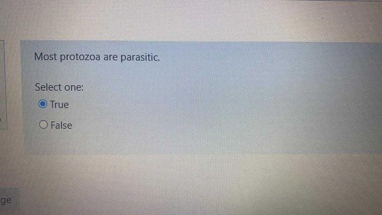 Most protozoa are parasitic.
Select one:
True
O False
ge
