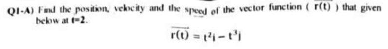 QI-A) Fund the position, vekocity and the speed of the vector function ( r(t) ) that given
bekow at t-2.
r(t) = 1i-t'i
