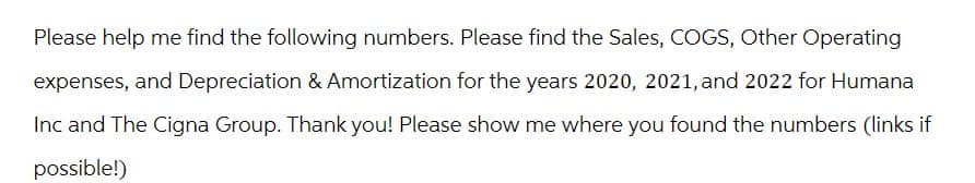 Please help me find the following numbers. Please find the Sales, COGS, Other Operating
expenses, and Depreciation & Amortization for the years 2020, 2021, and 2022 for Humana
Inc and The Cigna Group. Thank you! Please show me where you found the numbers (links if
possible!)