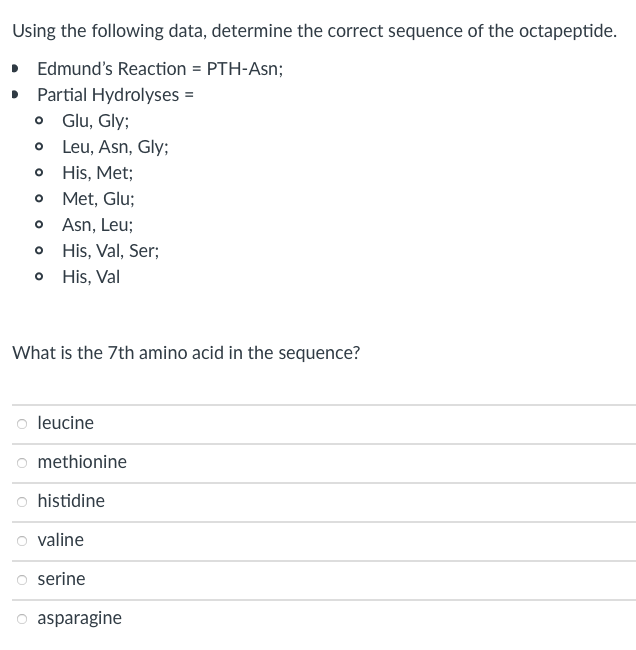 **Determining the Sequence of an Octapeptide**

Given Data for Analysis:
- **Edmund's Reaction**: PTH-Asn
- **Partial Hydrolyses**:
  - Glu, Gly
  - Leu, Asn, Gly
  - His, Met
  - Met, Glu
  - Asn, Leu
  - His, Val, Ser
  - His, Val

**Task**: Using the data provided, determine the correct sequence of the octapeptide.

**Question**: What is the 7th amino acid in the sequence?

**Options**:
- Leucine
- Methionine
- Histidine
- Valine
- Serine
- Asparagine

**Explanation of Chemical Processes**:
- **Edmund Degradation**: A method used for sequencing amino acids in peptides. The result of this reaction shows that the N-terminal amino acid is asparagine (Asn).
- **Partial Hydrolysis**: Breaking the peptide bond at several points provides small fragments, which help deduce the sequence.

**Note**: Since graphs or diagrams were not provided, no further detailed explanation of those elements is required.