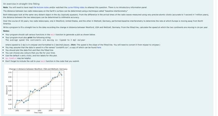 An exercise in straight-line fitting
Note You will need to have read the lecture notes andjor watched the eurve-tting video to attempt this question There is no introductory information panel.
The distance between two radio telesospes on the Earth's surface can be determined using a technique caled "baneline interferometry
Both telescopes look at the same very distant object in the sky (typically quatars). From the aifference in the arrival times of the radio waves measured using very precine atomic clocks (acturate to 1 second in 1 million yeara).
the distance between the to telescopes can be determined to mitinetre accuracy.
Over the course of 20 years, two radio telescopes, one in Westford, United States, and the other in Wettzell, Germany, pertormed baseline interterometry to determine the rate at which Europe is moving ay from North
America
wine a program to fit a straight ine to the data recording the change in distance between Westford, USA and wettzel, Germany. From the fnted ine, calculate the speed at which the two continents are moving in cm per vear
Notes:
• Your program should call various functions in the main function to generate a plot as shown below.
Your program must also print the falowing string
The average speed the continents are noving ist (speed to 2 dp) ca/year
where (speed to 2 de) is in onlyear and formatted to 2 decimal places. Hint: The speed is the siope ot the fited tine. You will need to convert it from myyear to emyear)
You may assume that the data is saved in a tie named "contdritt covr, a copy of which can be found here.
You should plot the data first and then the fted ine.
You can choose any colours that you lke tor your lines.
Ue the detaut x and y ticks, and tick labeis for this plot.
re. laadtat may be helpful.
Don't forget to include the cal to your ain tunction in the code that you submit.
Oarge in distance between Westerd, USA and Wetzel, Germany
2000
200
Time Yeart
