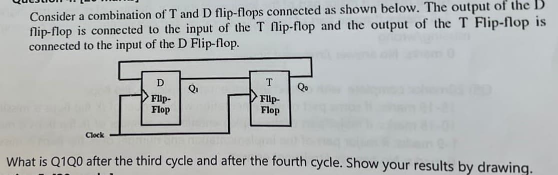 Consider a combination of T and D flip-flops connected as shown below. The output of the D
flip-flop is connected to the input of the T flip-flop and the output of the T Flip-flop is
connected to the input of the D Flip-flop.
Clock
Flip-
Flop
Q₁
T
Flip-
Flop
Qo
What is Q1Q0 after the third cycle and after the fourth cycle. Show your results by drawing.