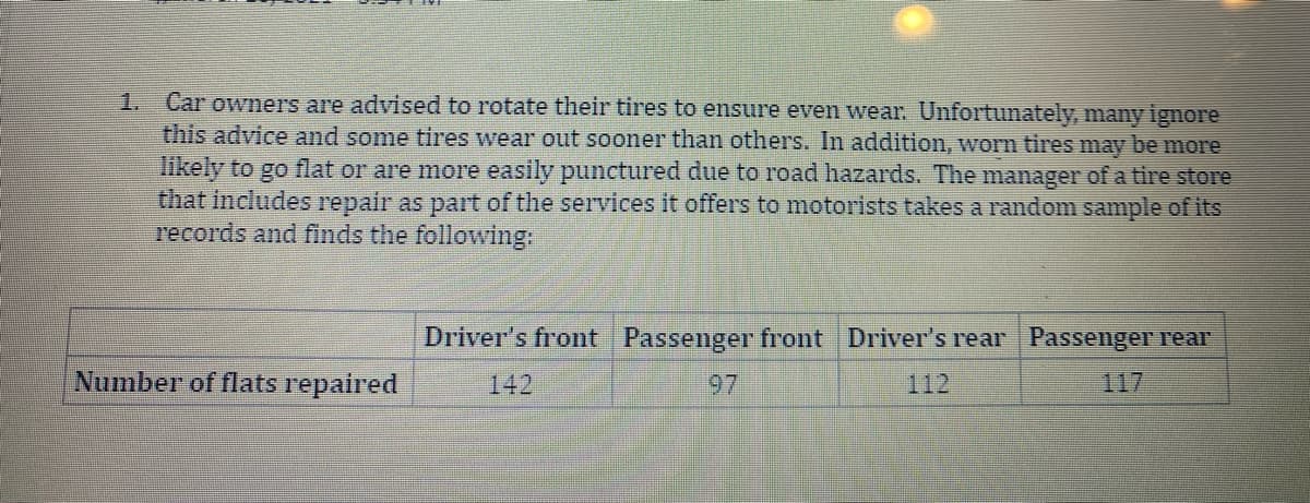 Car owners are advised to rotate their tires to ensure even wear. Unfortunately, many ignore
this advice and some tires wear out sooner than others. In addition, worn tires may be more
1.
likely to go flat or are more easily punctured due to road hazards. The manager of a tire store
that includes repair as part of the services it offers to motorists takes a random sample of its
records and finds the following:
Driver's front Passenger front Driver's rear Passenger rear
Number of flats repaired
142
97
112
117
