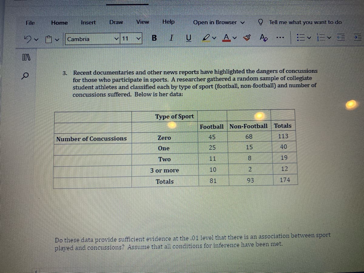 File
Home
Insert
Draw
View
Help
Open in Browser v
O Tell me what you want to do
IU Av
Cambria
V 11
...
3. Recent documentaries and other news reports have highlighted the dangers of concussions
for those who participate in sports. A researcher gathered a random sample of collegiate
student athletes and classified each by type of sport (football, non-football) and number of
concussions suffered. Below is her data:
Туре of Sport
Football Non-Football Totals
Zero
45
68
113
Number of Concussions
One
25
15
40
Two
11
8
19
3 or more
10
12
Totals
81
93
174
Do these data provide sufficient evidence at the .01 level that there is an association between sport
played and concussions? Assume that all conditions for inference have been met.
