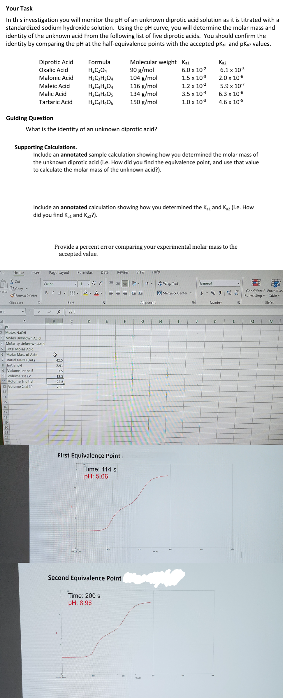 Your Task
In this investigation you will monitor the pH of an unknown diprotic acid solution as it is titrated with a
standardized sodium hydroxide solution. Using the pH curve, you will determine the molar mass and
identity of the unknown acid From the following list of five diprotic acids. You should confirm the
identity by comparing the pH at the half-equivalence points with the accepted pKa1 and pKa2 values.
Diprotic Acid
Oxalic Acid
Formula
H2C2O4
Molecular weight
90 g/mol
Ka1
Ka2
6.0 x 10-2
6.1 x 10-5
Malonic Acid
H2C3H2O4
104 g/mol
1.5 x 10-3
2.0 x 10-6
Maleic Acid
H2C4H2O4
116 g/mol
1.2 x 10-2
5.9 x 10-7
Malic Acid
H2C4H4O5
134 g/mol
3.5 x 10-4
6.3 x 10-6
Tartaric Acid
H2C4H4O6
150 g/mol
1.0 x 10-3
4.6 x 10-5
Guiding Question
What is the identity of an unknown diprotic acid?
Supporting Calculations.
Include an annotated sample calculation showing how you determined the molar mass of
the unknown diprotic acid (i.e. How did you find the equivalence point, and use that value
to calculate the molar mass of the unknown acid?).
Include an annotated calculation showing how you determined the Ka₁ and Kaz (i.e. How
did you find Ka1 and Ka2?).
Provide a percent error comparing your experimental molar mass to the
accepted value.
File
Home Insert
Page Layout
Formulas Data Review View
Help
Cut
Copy
Calibri
11 AA ==
Wrap Text
General
v
Paste
BIU
A
Merge & Center
$% 9000
Conditional Format as
Format Painter
Formatting
Table
Clipboard
5
Font
5
Alignment
Number
S
Styles
B11
X
✓
fx 22.5
A
B
C
D
E
F
G
H
I
J
K
L
M
N
1 pH
2 Moles NaOH
3 Moles Unknown Acid
4 Molarity Unknown Acid
5 Total Moles Acid
6 Molar Mass of Acid
+
7 Initial NaOH (mL)
42.5
8 Initial pH
2.91
9 Volume 1st half
7.5
10 Volume 1st EP
12.5
11 Volume 2nd half
22.5
12 Volume 2nd EP
26.5
13
14
15
16
17
18
19
20
21
22
23
First Equivalence Point
Time: 114 s
pH: 5.06
Second Equivalence Point
Time: 200 s
pH: 8.96
2200.0 6370
T
Time 0