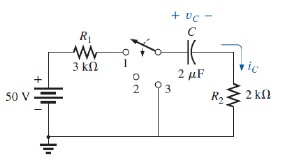 + Uc -
C
R1
3 kN
vic
2 μF
3
R,
2 kN
50 V=
ON
