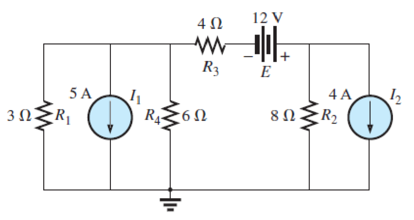 4Ω
12 V
+
R3
E
5 A
R1
4 A
R2
12
3Ω
R4<6N
8Ω
