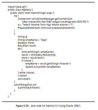 import java.sql.*:
public class Mystery {
public static void main(Stringt) args) {
try (
Connection con=DriverManager.getConnection
"jdbc:oracle:thin:star/X@//edgar.cse.lehigh.edu:1521/XE");
q = "select mname from mgr where ename = ?":
Preparedstatement stmt=con.prepareStatement);
String q
String empName = "dog":
boolean more;
ResultSet result;
do {
stmt.setString(1, empName);
result = stmt.executeQuery(q);
more = resultnext();
if (more) {
empName = resultgetstring("mname");
System.outprintin (empName);
} while (more);
s.close();
con.close();
}
catch(Exception e){
e.printstackTrace();
Figure 5.20 Java code for Exercise 5.1 (using Oracle JDBC).
