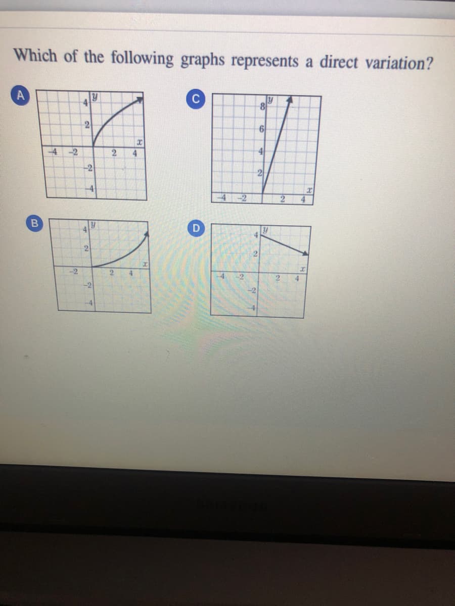 Which of the following graphs represents a direct variation?
8
6
-4
-2
2
4.
41
-2
2
-4
-4
-2
2
4.
2.
-2
4.
4
-2
-2
-4
