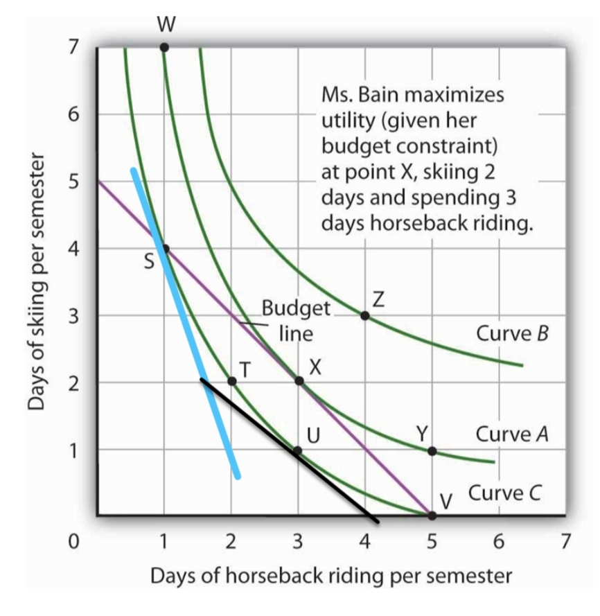 Days of skiing per semester
7
6
5
2
1
0
W
S
T
Ms. Bain maximizes
utility (given her
budget constraint)
at point X, skiing 2
days and spending 3
days horseback riding.
Budget
line
X
U
N
Y
Curve B
Curve A
Curve C
V
4 5 6 7
1 2 3
Days of horseback riding per semester