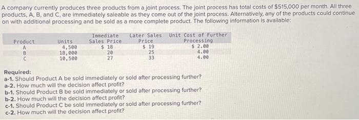 A company currently produces three products from a joint process. The joint process has total costs of $515,000 per month. All three
products, A, B, and C, are immediately saleable as they come out of the joint process. Alternatively, any of the products could continue
on with additional processing and be sold as a more complete product. The following information is available:
Product
A
B
Units
4,500
18,000
10,500
Immediate
Sales Price
$18
20
27
Later Sales Unit Cost of Further
Processing
$ 2.00
4.00
4.00
Price
$ 19
25
33
Required:
a-1. Should Product A be sold immediately or sold after processing further?
a-2. How much will the decision affect profit?
b-1. Should Product B be sold immediately or sold after processing further?
b-2. How much will the decision affect profit?
c-1. Should Product C be sold immediately or sold after processing further?
c-2. How much will the decision affect profit?