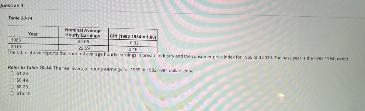 Question 1
Table 20-14
Nominal Average
Hourly Earnings
Year
CPI (1982-1984 = 1.00)
1965
$2.65
0.32
2010
22.59
2.19
The table above reports the nominal average hourly earnings in private industry and the consumer price index for 1965 and 2010. The base year is the 1982-1984 period.
Refer to Table 20-14. The real average hourly earnings for 1965 in 1982-1984 dollars equal
O $1.28.
O $6.49.
O $8.28.
O $15.45.
